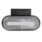 Lampa de gabarit LED ovala alba AMiO OM-01-W, 10~30V DC, IP67, montaj pe suruburi cu baza flexibila, 124x49x22 mm, omologare 10R 05