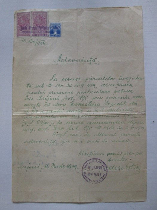 Rara!Adeverinta promovare 1939 Scoala primara particulara polona Lujeni/Cernauti