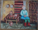 Pictură pe carton - Interior tradițional maramureseancu fată &ndash; semnata Pleian Iosif, 1970, 62 &times; 59 cm