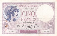 FRANTA 5 francs 26-10-1939 VF!!!