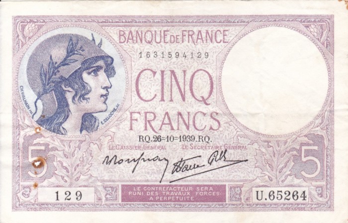 FRANTA 5 francs 26-10-1939 VF!!!