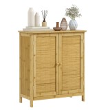 HOMCOM Comodă &icirc;n Stil Boho din Rattan și Bambus, Dulap cu 2 Uși și Raft Interior, 60x27x67.5 cm, Lemn Natural | Aosom Romania