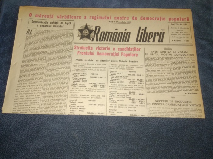 ZIARUL ROMANIA LIBERA 5 DECEMBRIE 1950 ALEGERI
