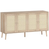 HOMCOM Bufet pentru living, mobilier de depozitare cu uși cu &icirc;mpletitură (cannage) și poliță reglabilă 140 x 40 x 75 cm, aspect lemn natural | Aosom R