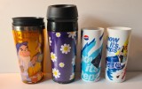 Lot 2 Termos /Cana /Pahar termic: Alba ca Zapada Disneyland Paris, inox /capac deschd glisanta; Flori Dario Hamburg, plastic /capac deschd arc +BONUS
