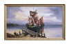 Tablou living apus de soare cu veliere pictat manual inramat, 130x80cm ulei pe panza rama din lemn, Geo Ungureanu