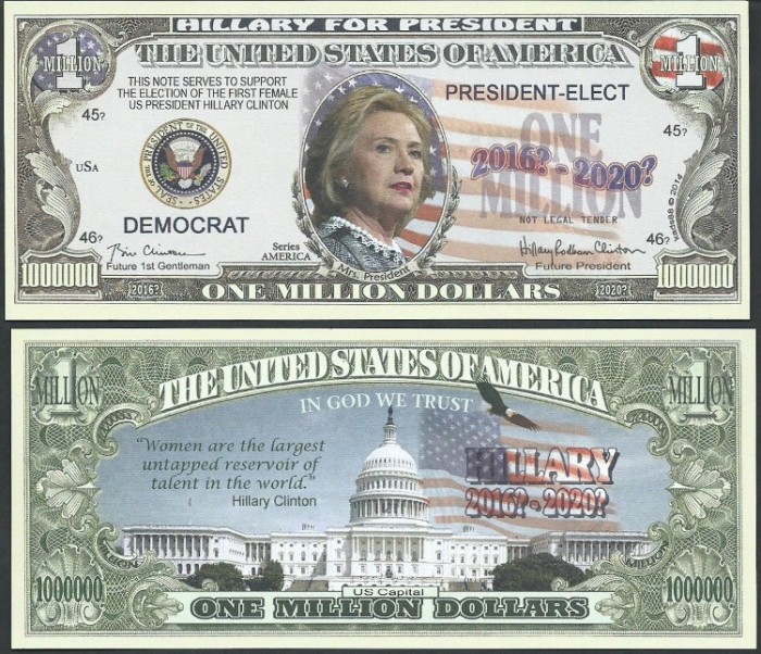 !!! SUA = FANTASY NOTE = HILLARY CLINTON , CANDIDAT LA PRESEDINTIE - 2014 - UNC