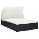 Șezlong Dublu Poliratan Negru vidaXL cu Copertină Pliabilă &amp; Pernă Albă Crem 194x120.5x110cm, Reglabil, pentru 2 Persoane
