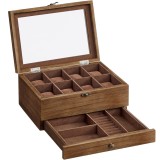 SONGMICS Cutie de ceasuri din lemn masiv, 8 compartimente si sertar bijuterii, 19x27x13cm, nuc rustic Household NewTrend