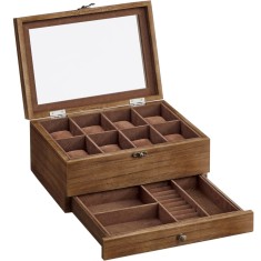 SONGMICS Cutie de ceasuri din lemn masiv, 8 compartimente si sertar bijuterii, 19x27x13cm, nuc rustic Household NewTrend