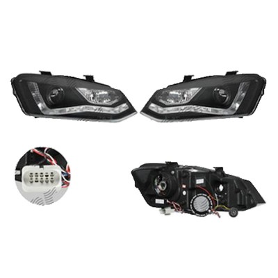 Set faruri VW Polo (6r), 08.2009-12.2017, partea Stanga+Dreapta, Tuning, Fata, cu lumina de parcare LED; H9; manual; negru, transparent; tuning, Taiw foto