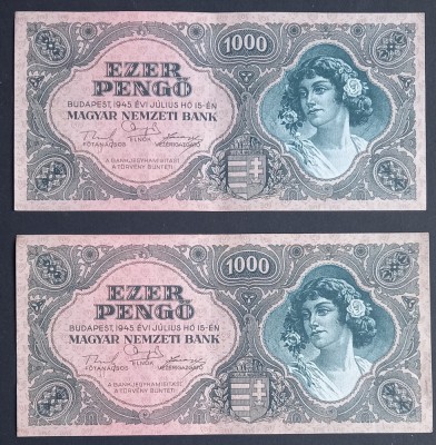 Ungaria, 2 x 1.000 Pengo 1945, Consecutive. foto