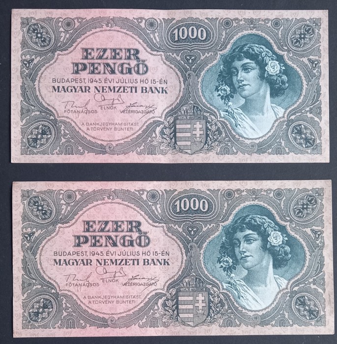 Ungaria, 2 x 1.000 Pengo 1945, Consecutive.