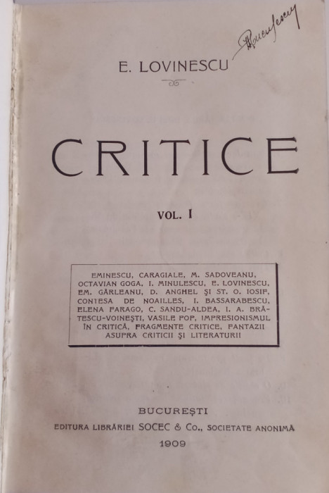 CRITICE - EUGEN LOVINESCU - VOL. 1-PRIMA EDIȚIE, SOCEC, 1909