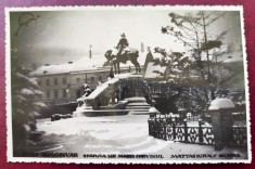 Cluj - Kolozsvar - Statuia lui Matei Corvin (Corvinul) iarna - 1935 - tip fotografie, necirculata, Photo orig. &quot;Fotofilm&quot;