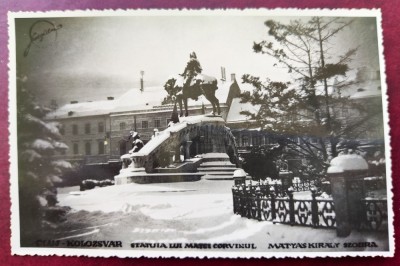 Cluj - Kolozsvar - Statuia lui Matei Corvin (Corvinul) iarna - 1935 - tip fotografie, necirculata, Photo orig. &amp;quot;Fotofilm&amp;quot; foto