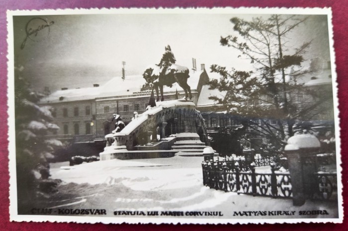 Cluj - Kolozsvar - Statuia lui Matei Corvin (Corvinul) iarna - 1935 - tip fotografie, necirculata, Photo orig. &quot;Fotofilm&quot;