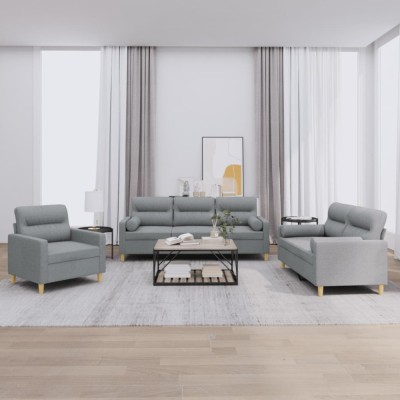 vidaXL Set de canapele cu perne, 3 piese, gri deschis, textil 3201552 foto
