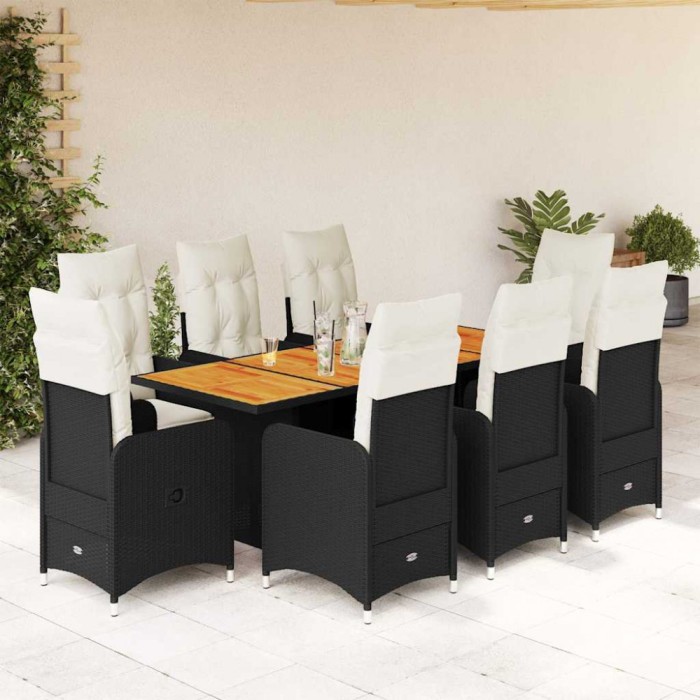 Gossi set bistro de gradina, 9 piese, cu perne, negru, poliratan