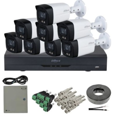 Kit supraveghere analog Dahua 8 camere 5MP lentila 3.6mm IR/lumina alba 40m microfon, DVR 8 canale 8MP 4K functii AI si accesorii SafetyGuard Surveill foto