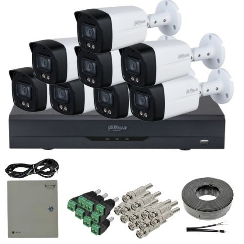 Kit supraveghere analog Dahua 8 camere 5MP lentila 3.6mm IR/lumina alba 40m microfon, DVR 8 canale 8MP 4K functii AI si accesorii SafetyGuard Surveill