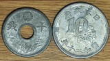 Japonia - set monede de razboi WW2 diferite - 2 x 10 sen 1944-1946 - epoca Shōwa - impecabile !, Asia