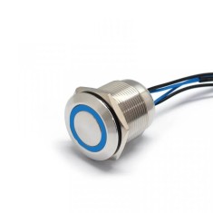 Buton Push Metalic, 12V DC, 19mm, cu Retinere, Led Albastru, 4 fire 20cm