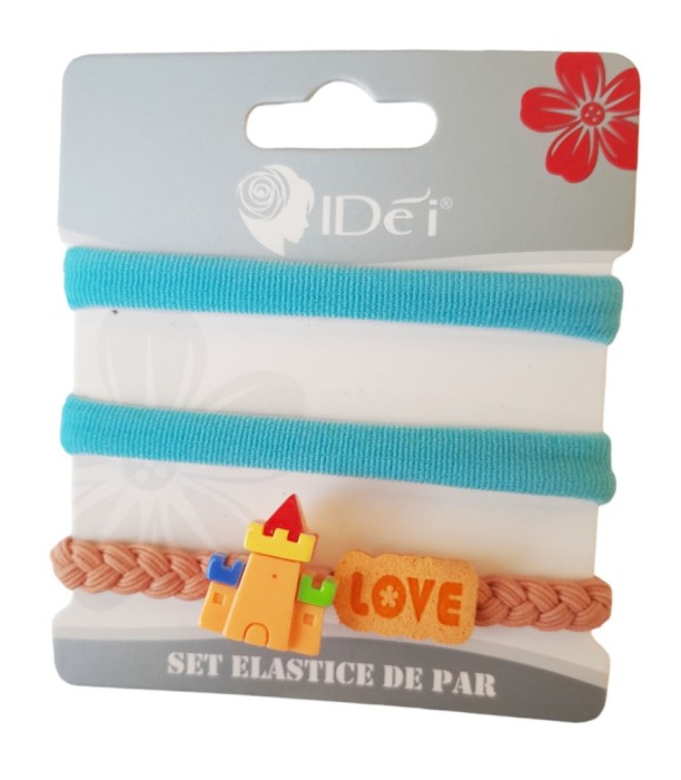 Set 3 elastice de par, Love, 8 cm, Albastru, 50BJ