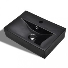 vidaXL Chiuvetă baie loc robinet/preaplin negru ceramic dreptunghiular