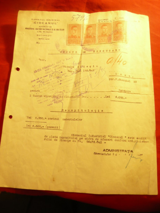 Factura cu Antet Gimnaziul Ind. Ciocanul Bucuresti 1943 - Decont de executare