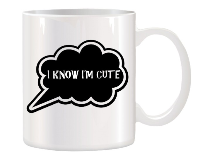 Cana alba personalizata cu mesajul I Know I&#039;m Cute, INOVATIX&reg;. 330ml