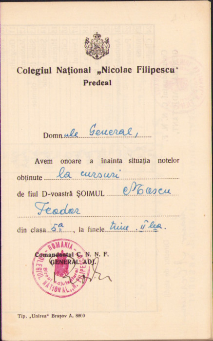 HST A1423 Carnet situație școlară șoim 1941 Colegiul National Nicolae Filipescu