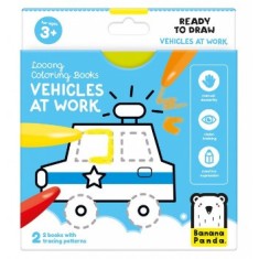 Carte de colorat pentru bebelusi Banana Panda Ready To Draw, Vehicule la lucru, 23 ilustratii simple, 2 carti tip acordeon, 96 cm lungime
