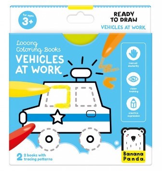 Carte de colorat pentru bebelusi Banana Panda Ready To Draw, Vehicule la lucru, 23 ilustratii simple, 2 carti tip acordeon, 96 cm lungime foto
