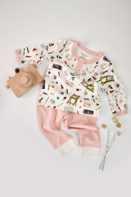 Set bluzita cu maneca lunga si nasturei si pantaloni lungi, 100% bumbac organic, BabyCosy, Pudra (Marime: 6-9 luni) foto