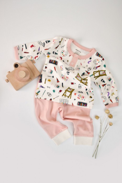 Set bluzita cu maneca lunga si nasturei si pantaloni lungi, 100% bumbac organic, BabyCosy, Pudra (Marime: 18-24 Luni)