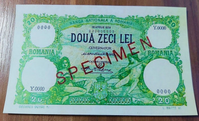 REPRODUCERE bancnota specimen 20 lei1939 Romania foto