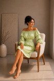 Rochie verde menta din satin cu maneci bufante
