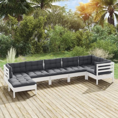 vidaXL Set mobilier de grădină cu perne, 7 piese, alb, lemn masiv pin 3096551 foto