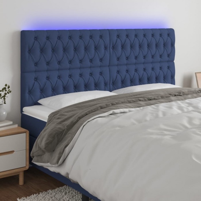 Tăblie de pat cu LED, albastru, 180x7x118/128 cm, textil