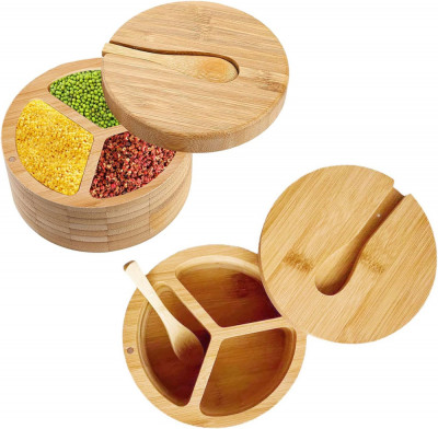 Cutie de sare și piper din bambus CYTOOL cu lingură, cu 3 compartimente din lemn foto