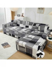 Husa elastica pentru canapea cu coltar 3 cu 2 locuri cu model in nuante de alb, negru si gri
