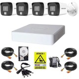 Sistem supraveghere complet Hikvision 4 camere 2MP Dual Light Audio, DVR 4 canale 4MP, Accesorii, HDD 500GB + Autocolant Rovision SafetyGuard Surveill