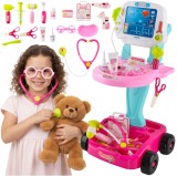 Set de doctor pentru copii 18 piese cu carucior roz si accesorii