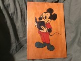 Pirogravura pentru perete in stil retro perioada comunista realizata manual personaj desene animate Mickey Mouse !