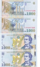 Romania 1 000 1000 Lei 1998 P-106 UNC Mihai Eminescu,x2 SERIE CONSECUTIVA