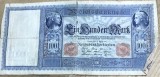 BNKSTR02DE Bancnotă Germania 100 Mărci / Mark 1910, Serie Roșie, Stare VG (Uzată, Rupere Centrală pe Margine și Colț &Icirc;ndoit)