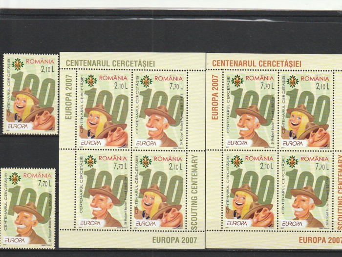 ROMANIA 2007 LP 1762 LP 1762 g EUROPA CENTENARUL CERCETASIEI SERIE + BLOCURI MNH