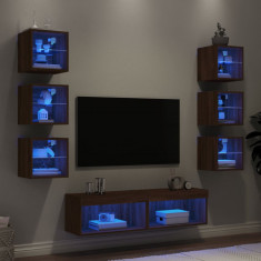 Unitati de perete TV cu LED-uri, 8 piese, stejar maro, lemn foto