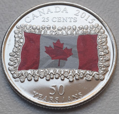 25 cents 2015 Canada, Canadian Flag, unc, 50th Anniversary, color, km#1851.1 foto